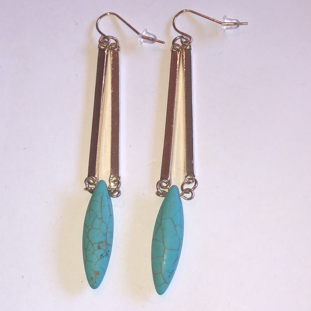 Gold Tone & Faux Turquoise Dangling Boho Statement Pierced Earrings